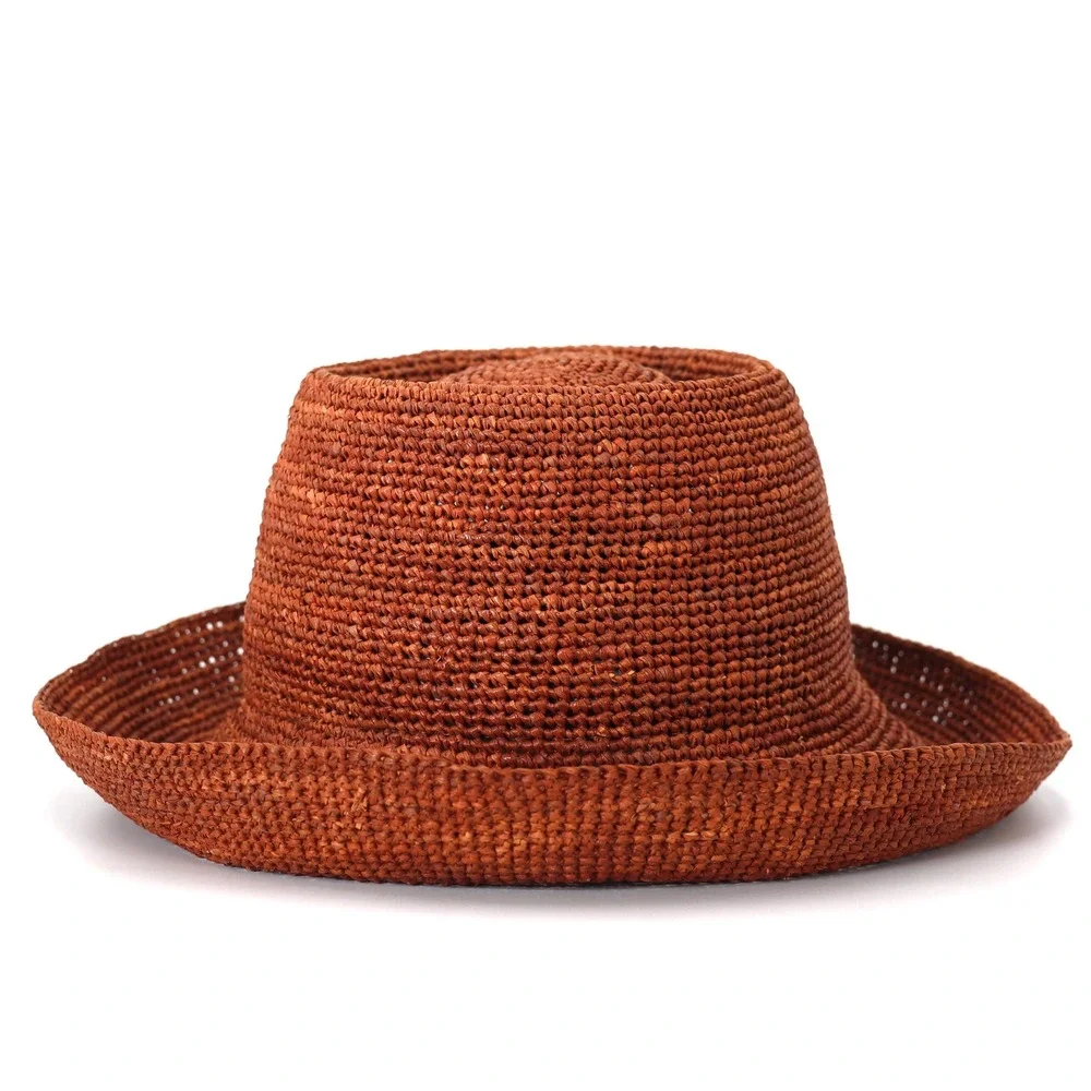 Janessa Leone Straw Hat Womens Medium Rust Brown Telescope Crown Sun Summer